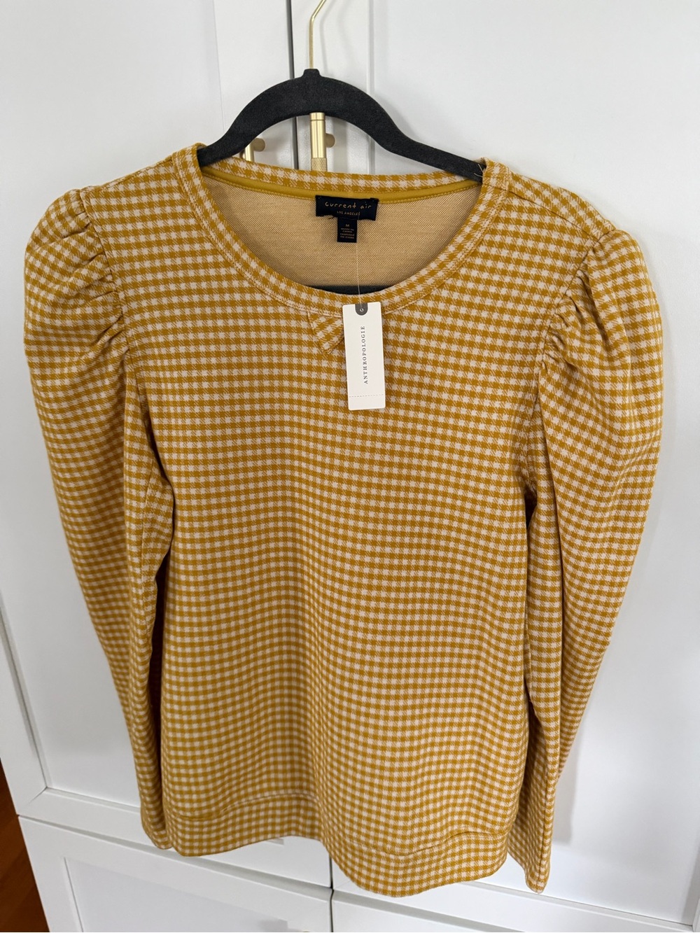 Anthropologie Mustard and White Gingham Long-Sleeve Puff Dress